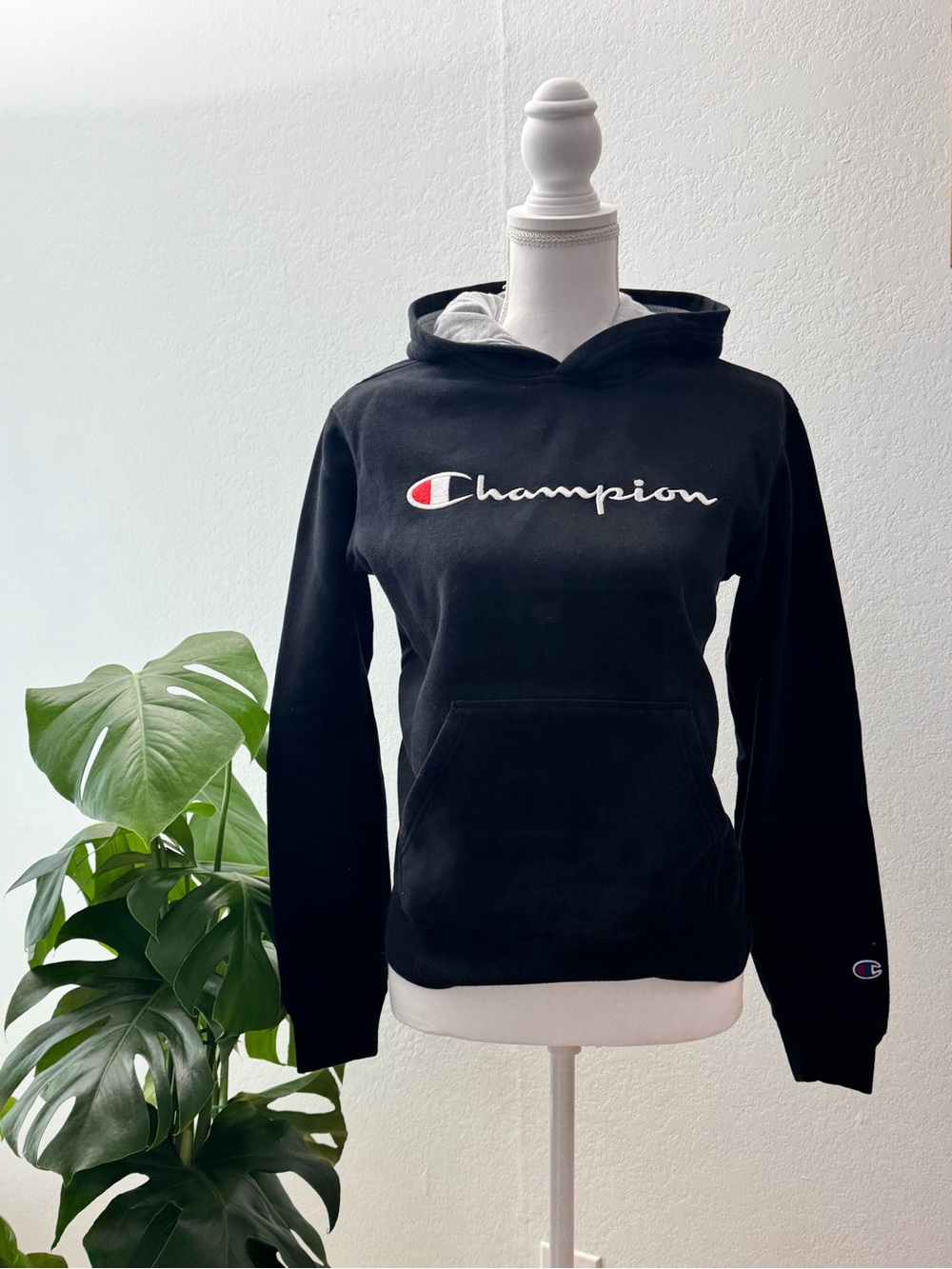 Champion Black Crewneck Hoodie with White Script and Red Accent